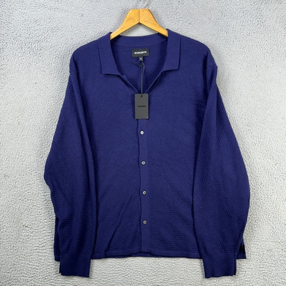 Bonobos Cashmere Sweater Cardigan Mens‎ 2XL Navy Blue Diamond Knit Button Up NEW